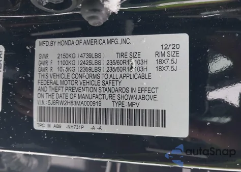 2021 Honda Cr-V Awd Ex-L from USA, damaged, VIN 5J6RW2H83MA000919